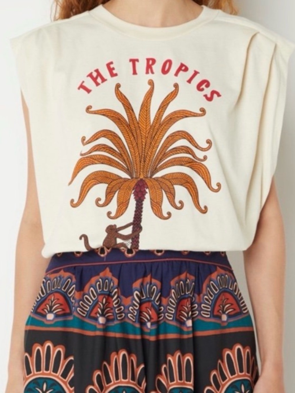 FARM Rio Cream Tee with Brown Palm & Pink ‘The Tropics' Text